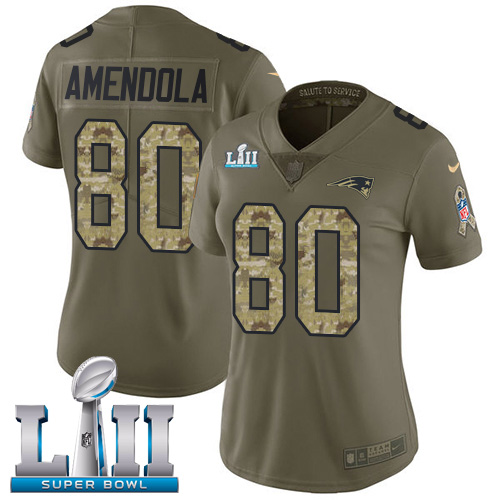 Nike Patriots #80 Danny Amendola Olive/Camo Super Bowl LII Women's Stitched NFL Limited Salute to Service Jersey - Click Image to Close
